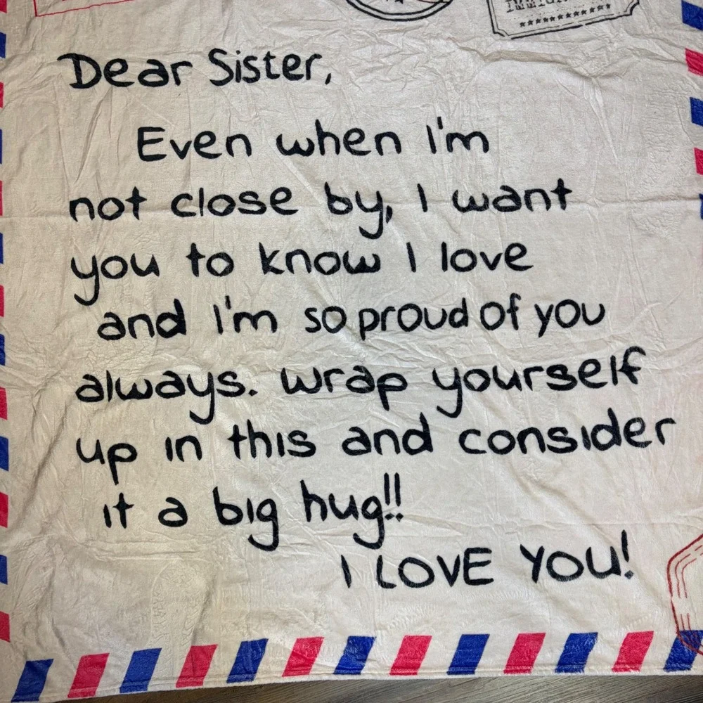 Dear Sister Airmail Letter Fleece Throw Blanket White Red Blue 50x60 Gift Throw